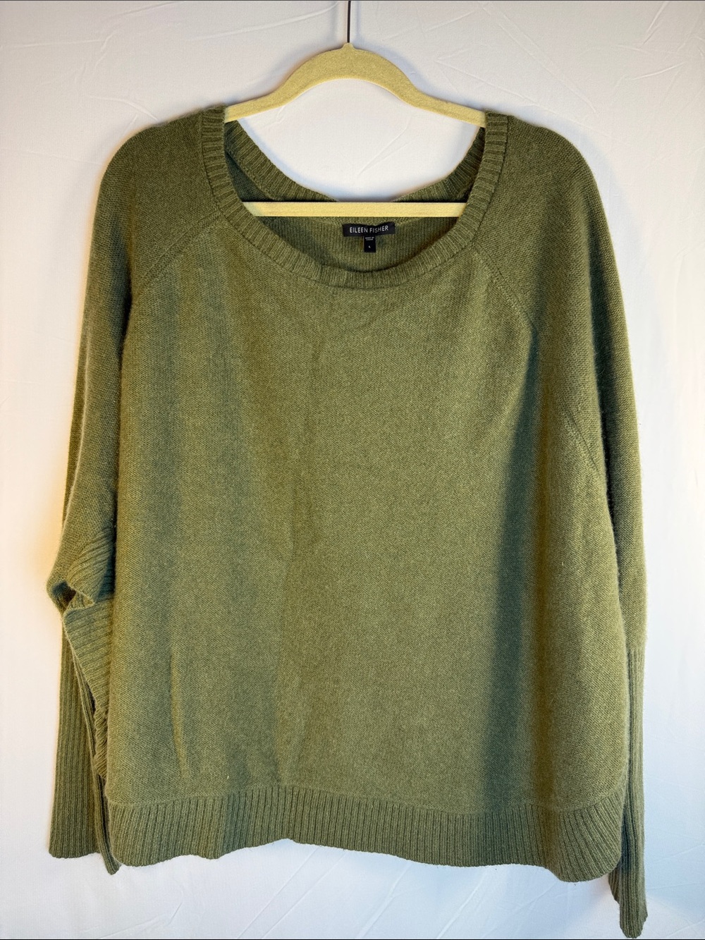 Eileen Fisher Moss Green Elongated Crewneck Cashmere Cap Sweater